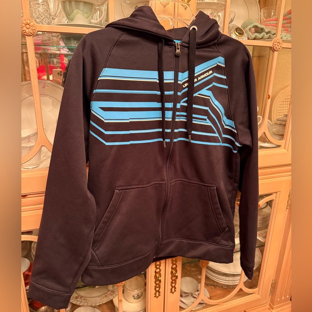 Under Armour Black and Blue Zip Up Hoodie Sweater Men's Small Loose Fit Pockets